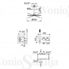 BRUMA X-Alpha potinkinė termostatinė dušo sistema su 250mm dušo galva iš lubų, nerūdijantis plienas