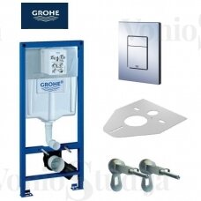 Grohe potinkinis wc rėmas chromo spalvos mygtuku ir GSI Pura pakabinamas klozetas su SWIRLFLUSH® nuplovimo sistema