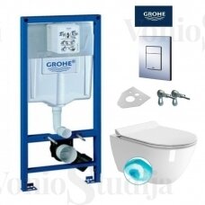 Grohe potinkinis wc rėmas chromo spalvos mygtuku ir GSI Pura pakabinamas klozetas su SWIRLFLUSH® nuplovimo sistema