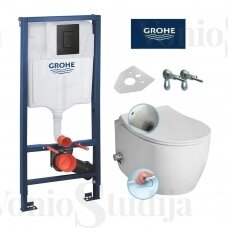 Grohe 3in1 potinkinio rėmo komplektas 38811KF0 su juodu matiniu mygtuku ir pakabinamas klozetas  ISVEA Sentimenti Rimless su bidė funkcija