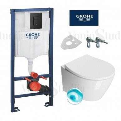 Grohe potinkinis wc rėmas juodos matinės spalvos mygtuku ir GSI Modo pakabinamas klozetas su SWIRLFLUSH® nuplovimo sistema