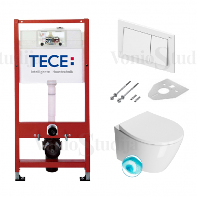 TECEbase wc modulis su Base vandens bakeliu ir balta vandens nuleidimo plokštele  ir GSI Modo pakabinamas klozetas su SWIRLFLUSH® nuplovimo sistema