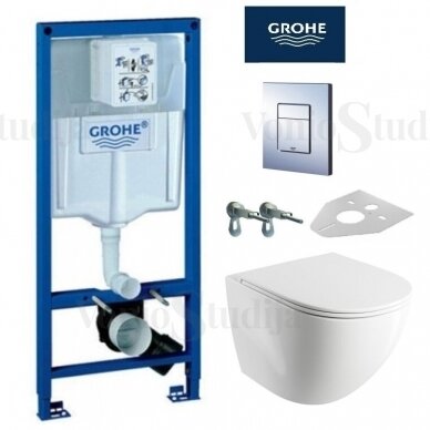 Grohe Rapid SL klozeto rėmo komplektas su chromo klavišu ir kabinamu Omnires Ottawa Rimless klozetu su plonu lėtaeigiu dangčiu