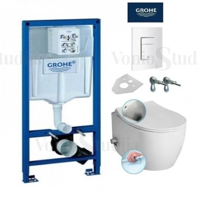 Grohe Rapid SL klozeto rėmo komplektas su baltu klavišu ir pakabinamas klozetas  ISVEA Sentimenti Rimless su bidė funkcija