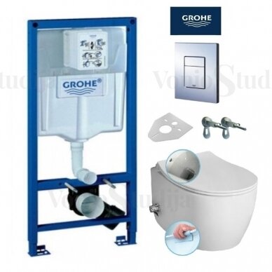 Grohe Rapid SL klozeto rėmo komplektas su chromo mygtuku ir pakabinamas klozetas  ISVEA Sentimenti Rimless su bidė funkcija