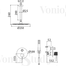 Imex Line potinkinė termostatinė dušo sistema su lietaus galva iš lubų chromo spalvos