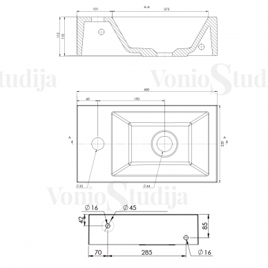 Mažas AMAROK praustuvas 40x11x22cm, kairinis juodas matinis 4