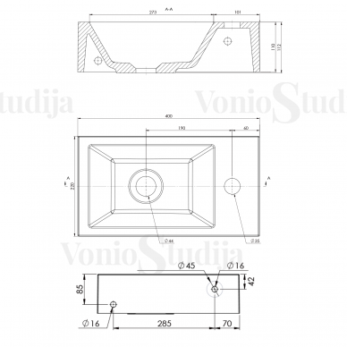 Mažas AMAROK praustuvas 40x11x22cm, dešininis juodas matinis 2