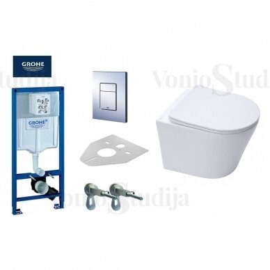 Potinkinis Grohe Rapid SL 38772001 rėmas su chromo spalvos mygtuku ir WC SAT Infinitio Compact Rimless komplektas