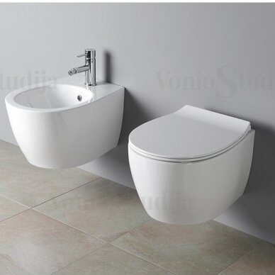 Ideal Standard plonas potinkinis wc rėmas PROSYS 80 M su tvirtinimais su juodos matinės spalvos mygtuku ir klozetas Sentimenti Rimless 36x51cm, su slim lėtaeigiu dangčiu 7