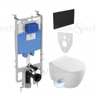 Ideal Standard plonas potinkinis wc rėmas PROSYS 80 M su tvirtinimais su juodos matinės spalvos mygtuku ir klozetas Sentimenti Rimless 36x51cm, su slim lėtaeigiu dangčiu