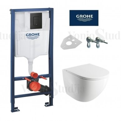 Potinkinis wc rėmas Grohe su juodu mygtuku ir Omnires Ottawa Rimless komplektas