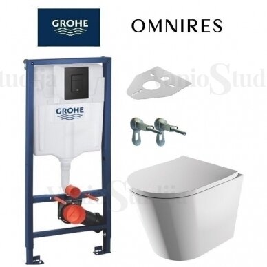 Potinkinio wc rėmo Grohe su juodu mygtuku ir Omnires Tampa Rimless klozeto komplektas