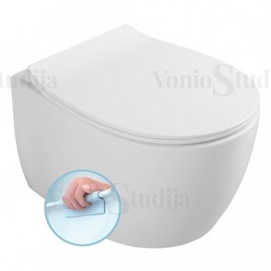 Ideal Standard plonas potinkinis wc rėmas PROSYS 80 M su tvirtinimais su juodos matinės spalvos mygtuku ir klozetas Sentimenti Rimless 36x51cm, su slim lėtaeigiu dangčiu 2