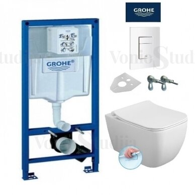 Grohe Rapid SL klozeto rėmo komplektas su baltu klavišu ir klozetas Iseva VEA Rimless su lėtaeigiu dangčiu