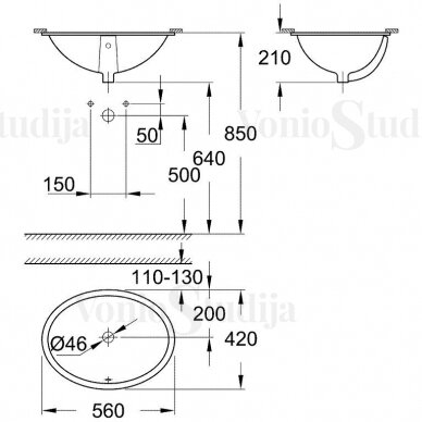 Iš apačios montuojamas Grohe UNIVERSAL praustuvas 560x420 mm 2